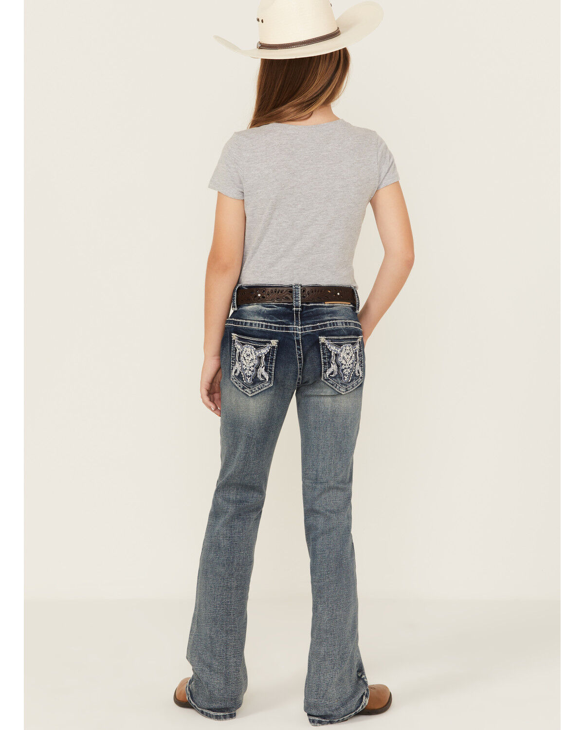 Image #1 - Shyanne Girls' Steerhead Embroidered Bootcut Stretch Denim Jeans, Blue, hi-res