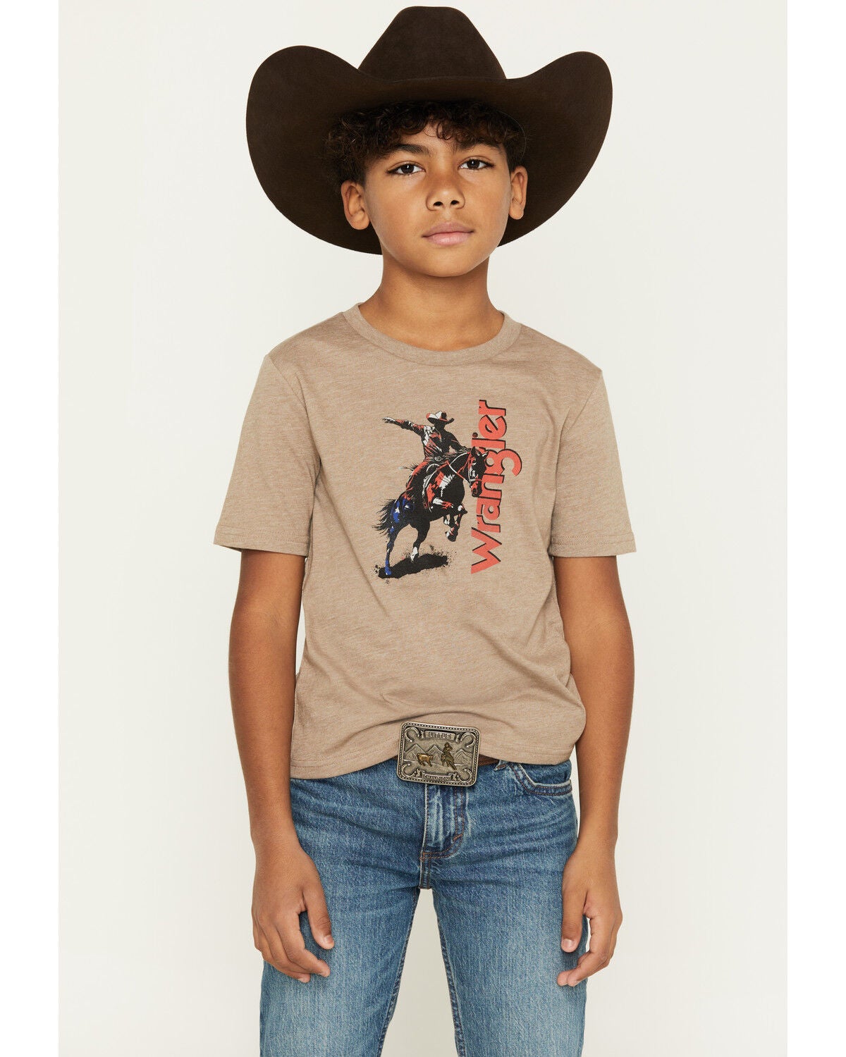 Image #1 - Wrangler Boys' Bucking Bronc Logo Short Sleeve Graphic T-Shirt, Brown, hi-res