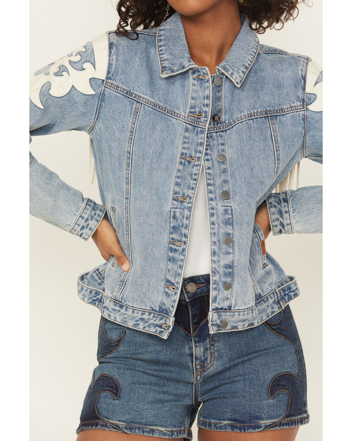 Image #3 - Rock & Roll Denim Women's Light Wash Pleather Fringe Denim Jacket, Light Wash, hi-res