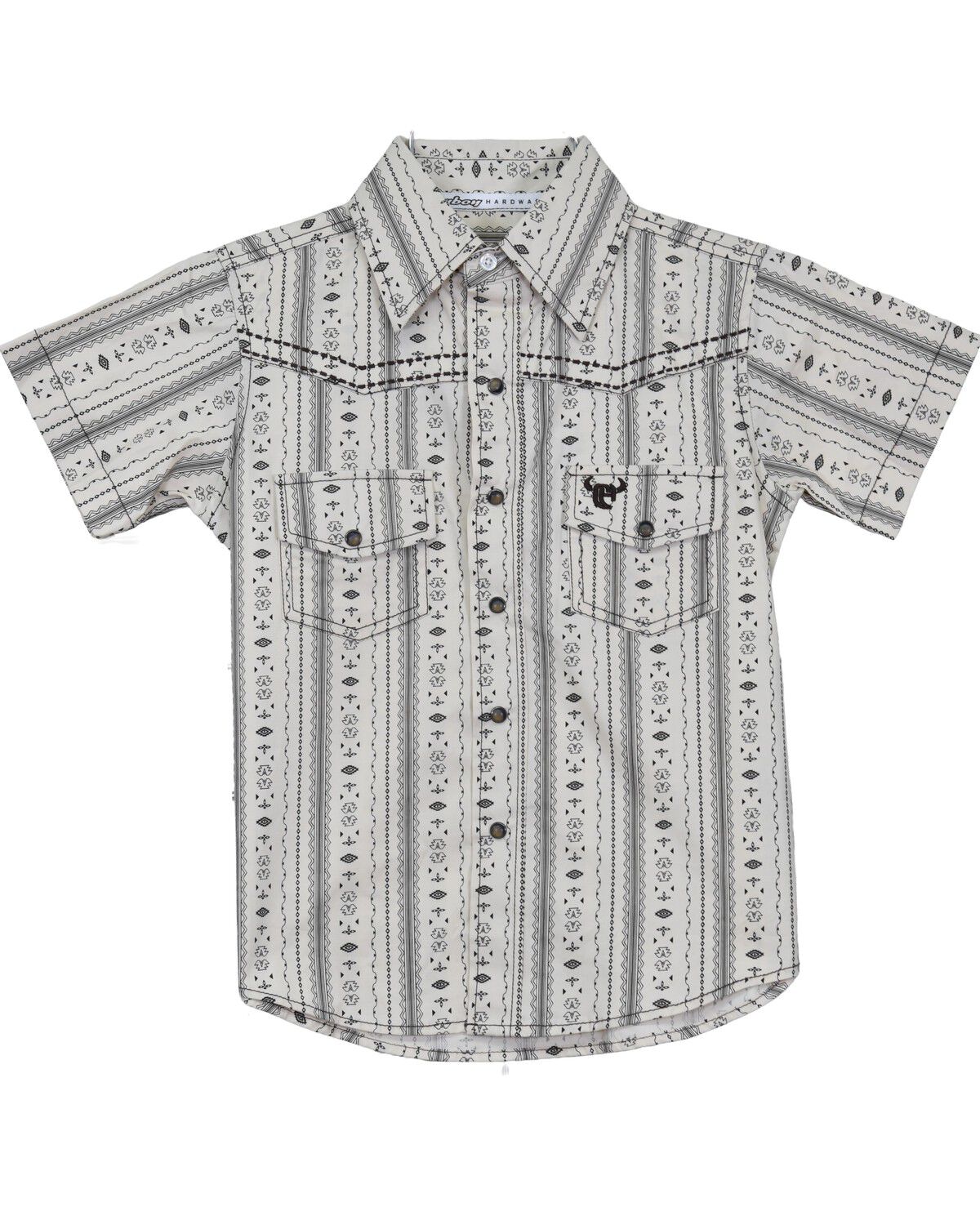 Image #1 - Cowboy Hardware Boys' Southwestern Striped Print Short Sleeve Snap Stretch Western Shirt, Brown, hi-res