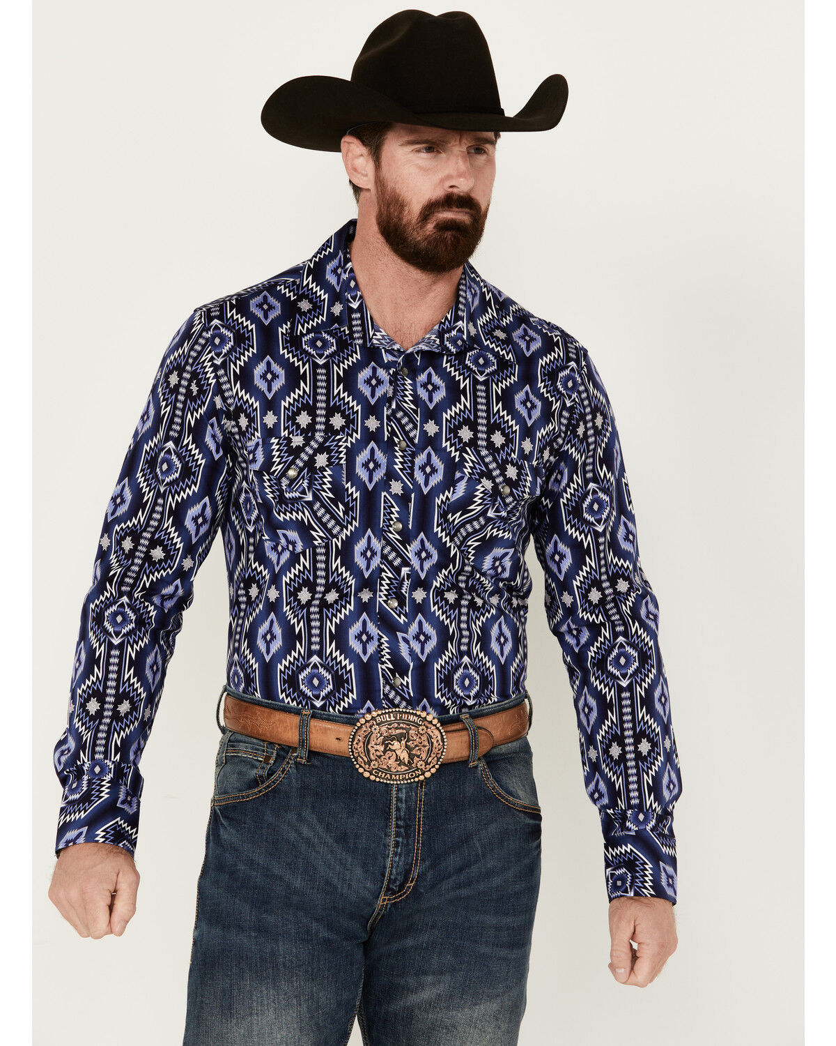 Image #1 - Rock & Roll Denim Men's Southwestern Print Long Sleeve Pearl Snap Stretch Western Shirt, Dark Blue, hi-res