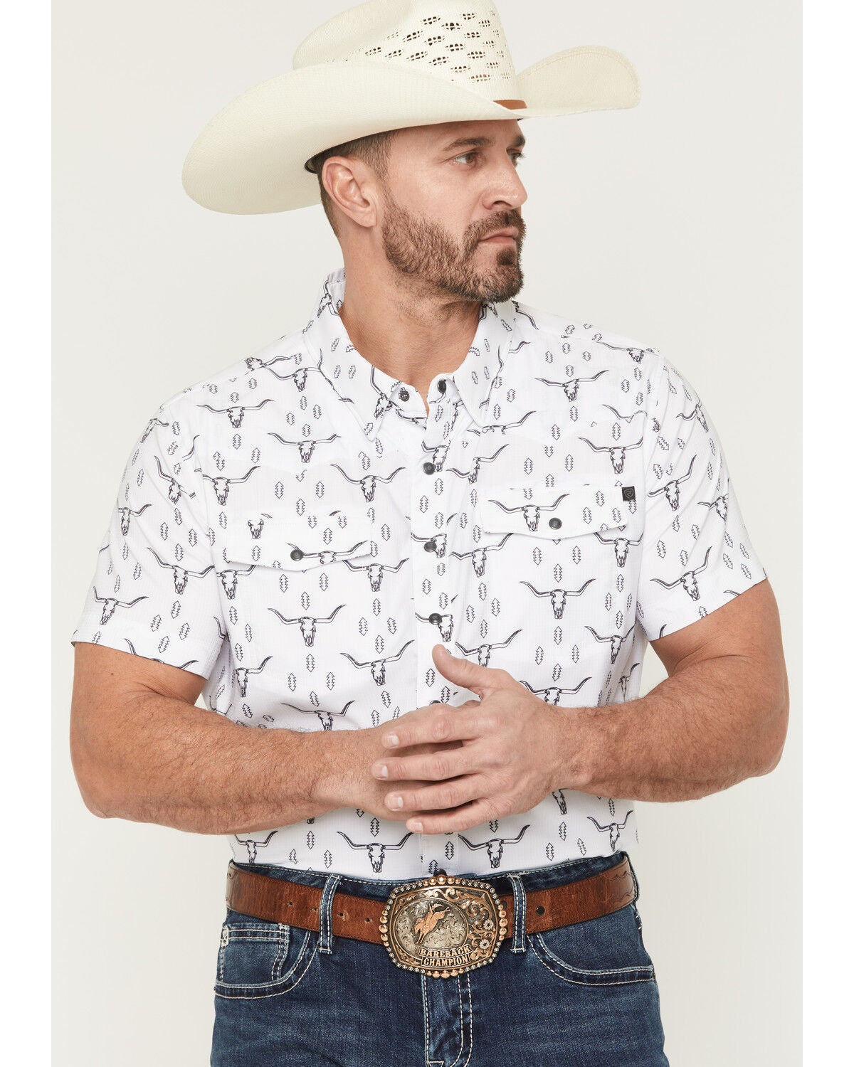 Rock & Roll Denim Men's TEK Steer Skull Short Sleeve Snap Stretch Western Shirt, White, hi-res