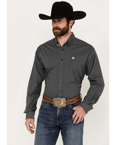 Cinch Men's Geo Print Long Sleeve Button-Down Western Shirt - Big, Dark Blue, hi-res