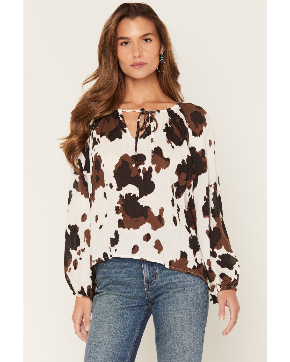 Wild Moss Women's Cow Print Long Sleeve Peasant Top, Brown, hi-res