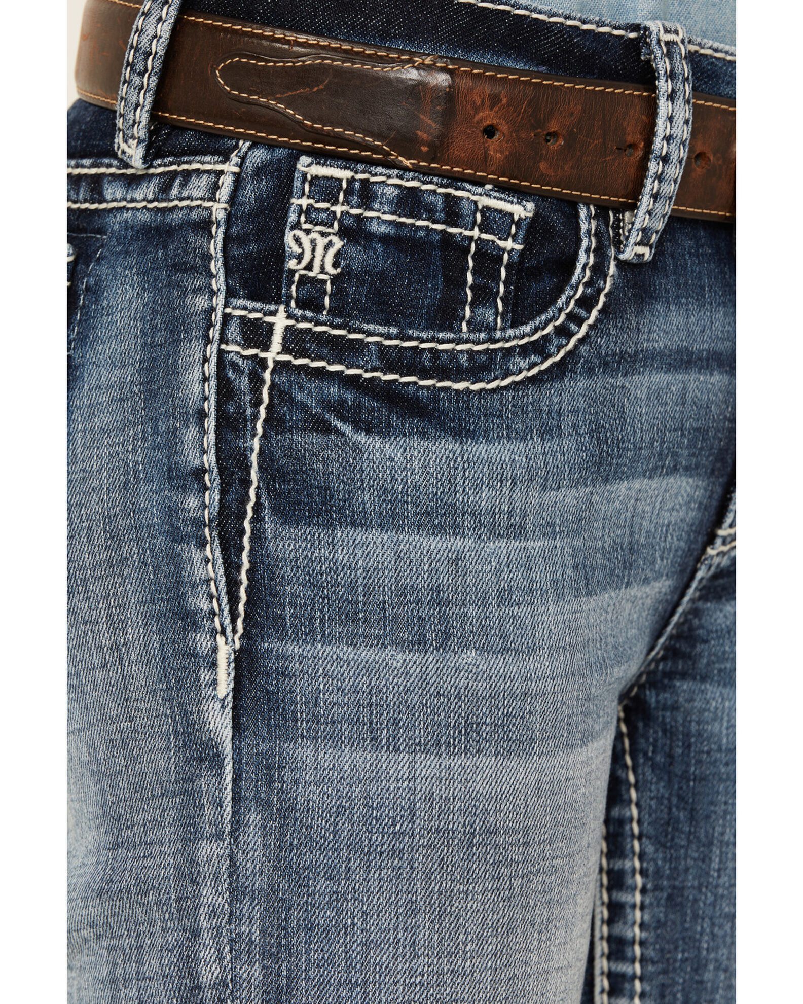Image #4 - Miss Me Girls' Medium Wash Faded Stretch Bootcut Jeans, Light Blue, hi-res