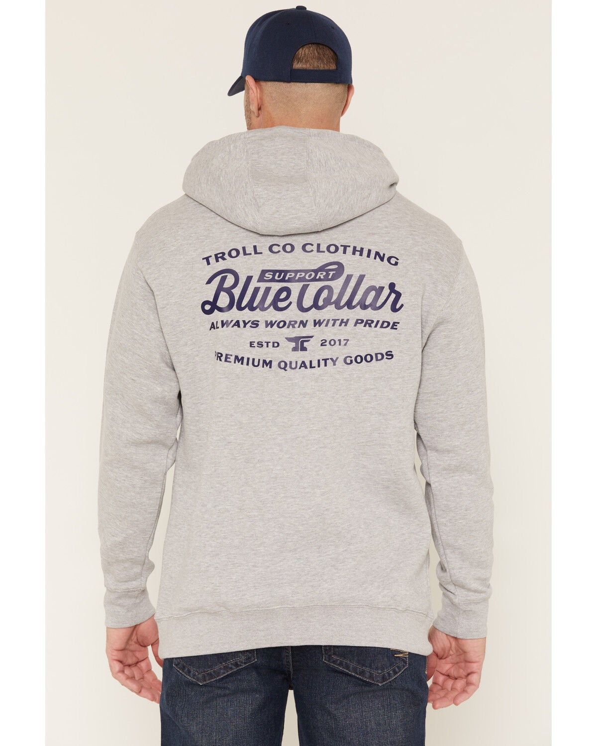 Troll Co Men's Blue Collar Graphic Hooded Sweatshirt, Grey, hi-res