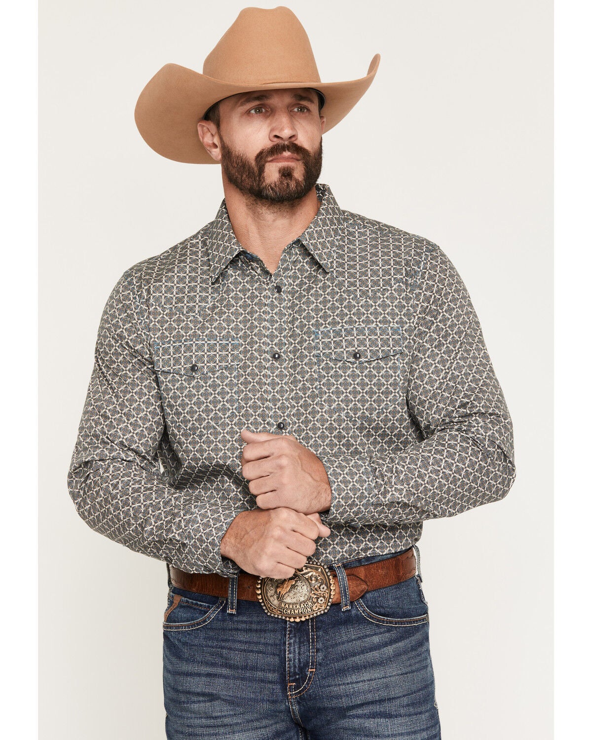 Gibson Trading Co Men's YeeHaw Medallion Print Long Sleeve Snap Western Shirt, Blue, hi-res
