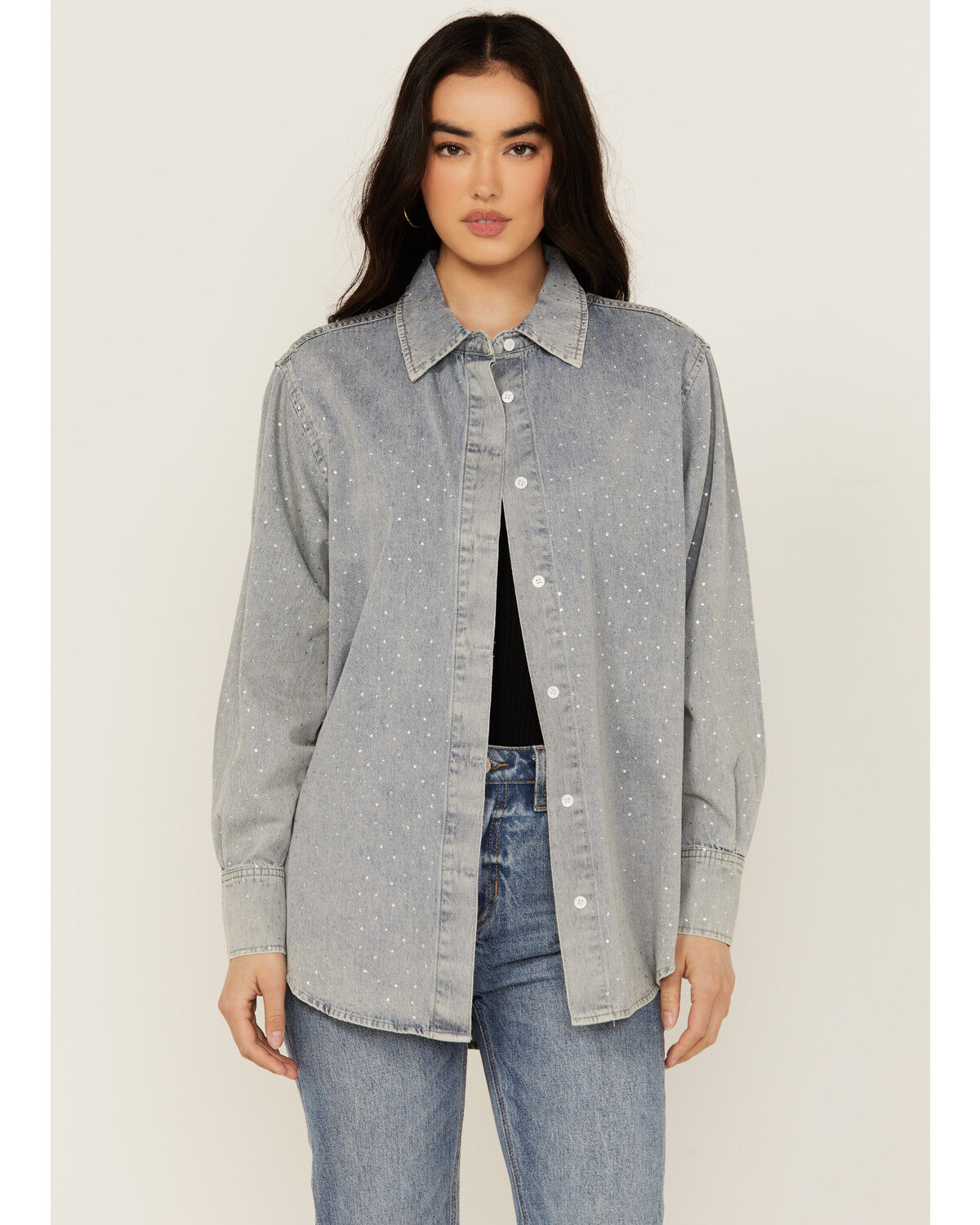 Image #1 - Blue B Women's Light Wash Rhinestone Long Sleeve Button-Down Denim Shirt, Blue, hi-res