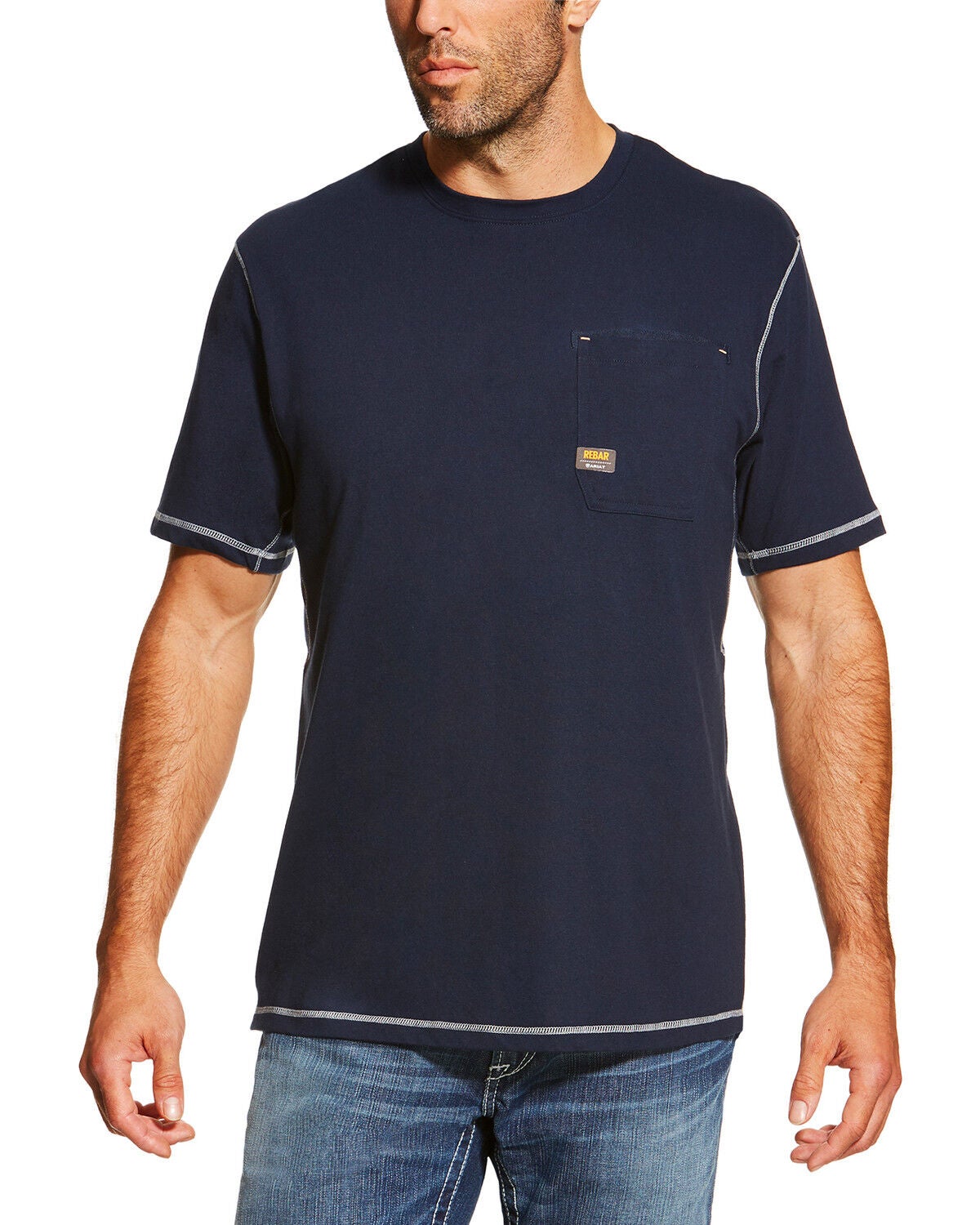 Ariat Men's Rebar Crew Short Sleeve Pocket Tee - Tall, Navy, hi-res