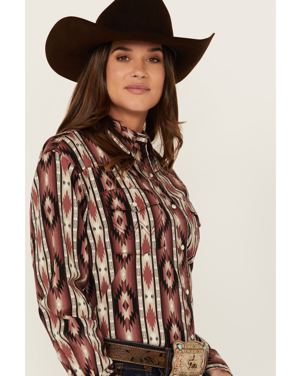 Image #2 - Wrangler Retro Women's Southwestern Print Long Sleeve Pearl Snap Western Shirt, Burgundy, hi-res