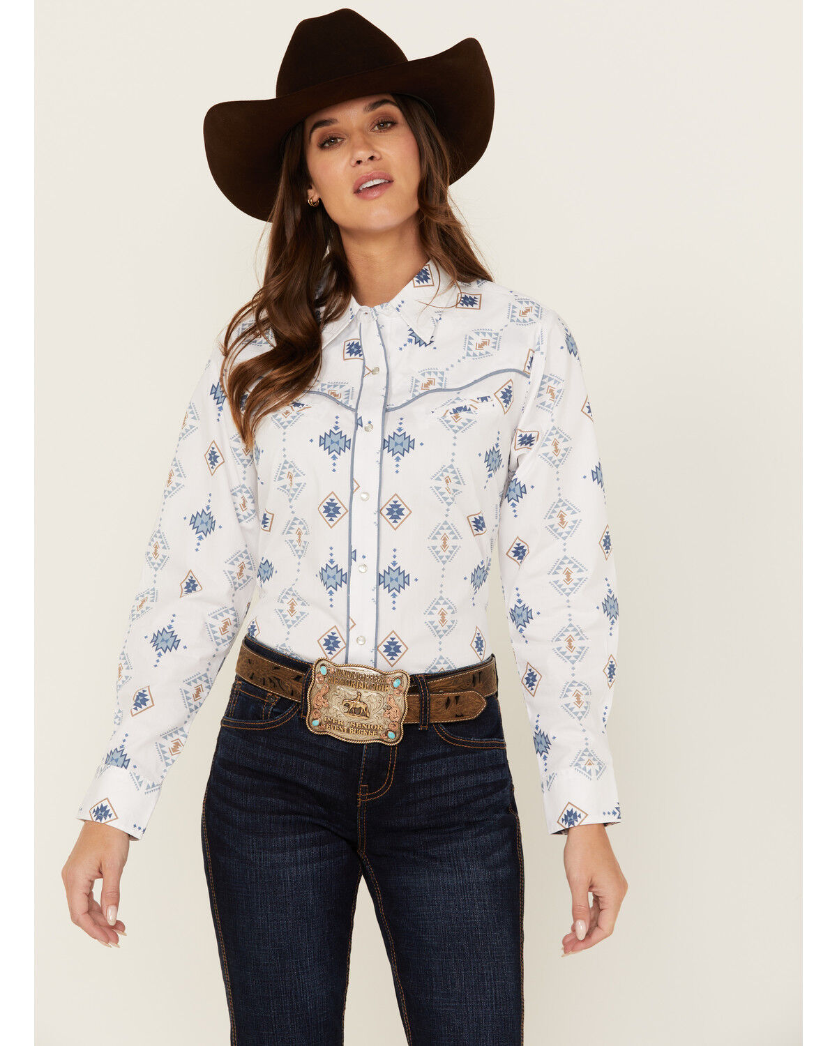 Image #1 - Ely Walker Women's Southwestern Print Long Sleeve Pearl Snap Western Shirt, White, hi-res