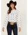 Image #1 - Ely Walker Women's Southwestern Print Long Sleeve Pearl Snap Western Shirt, White, hi-res