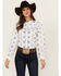 Image #1 - Ely Walker Women's Southwestern Print Long Sleeve Pearl Snap Western Shirt , White, hi-res