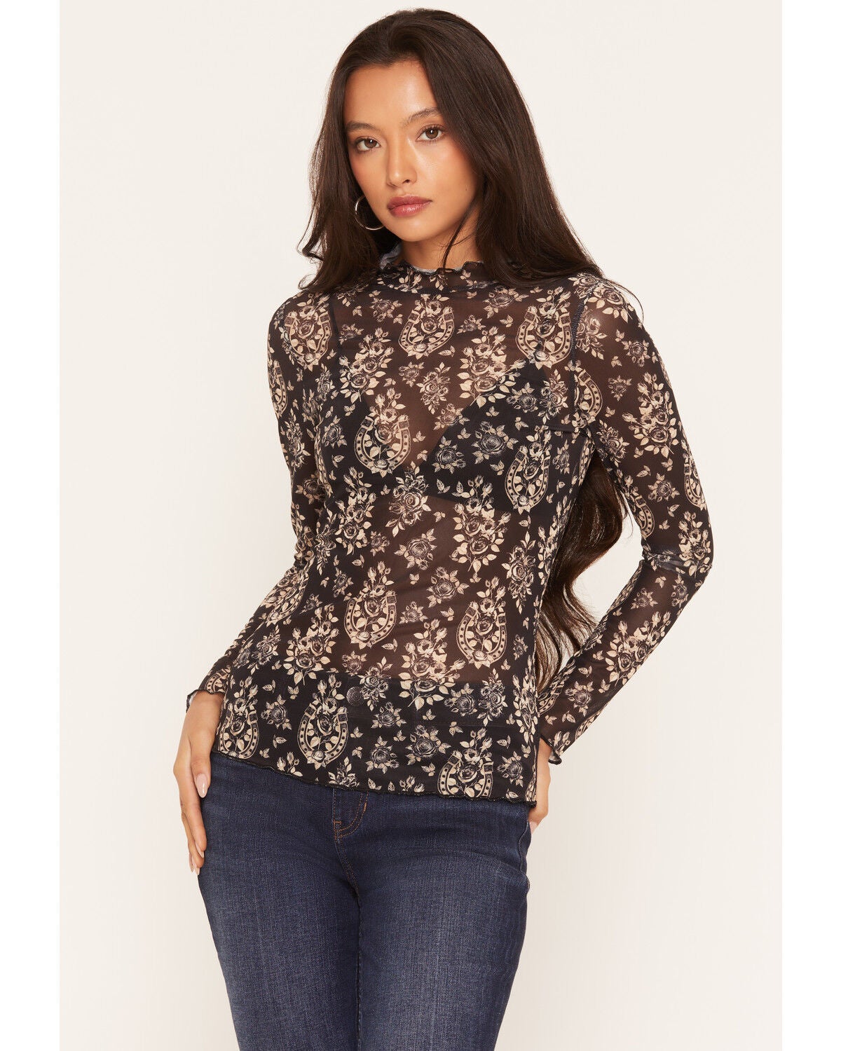 Image #1 - Wonderwest Women's Floral Horseshoe Print Long Sleeve Mesh Top, Black, hi-res