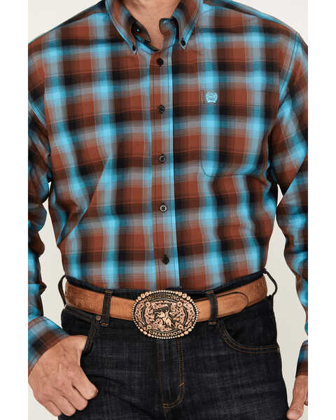 Image #3 - Cinch Men's Ombre Plaid Print Long Sleeve Button-Down Western Shirt , Brown/blue, hi-res