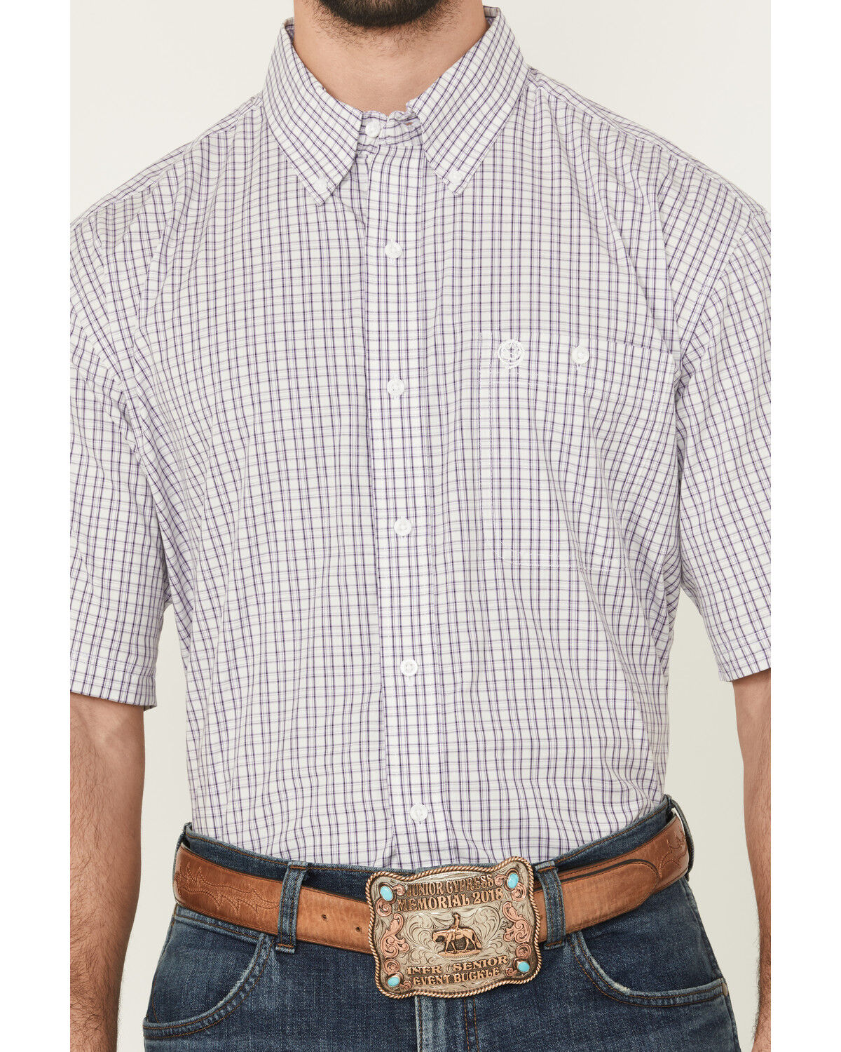 Image #3 - George Strait by Wrangler Men's Plaid Print Short Sleeve Button-Down Stretch Western Shirt - Big, Purple, hi-res