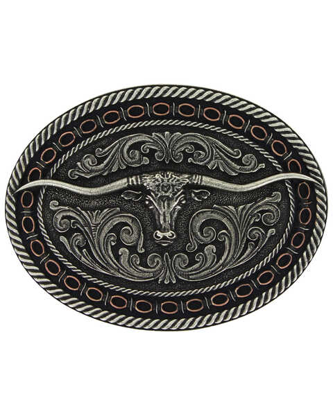 Montana Silversmiths Two Tone Antiqued Round Barbed Longhorn Attitude Buckle , Silver, hi-res