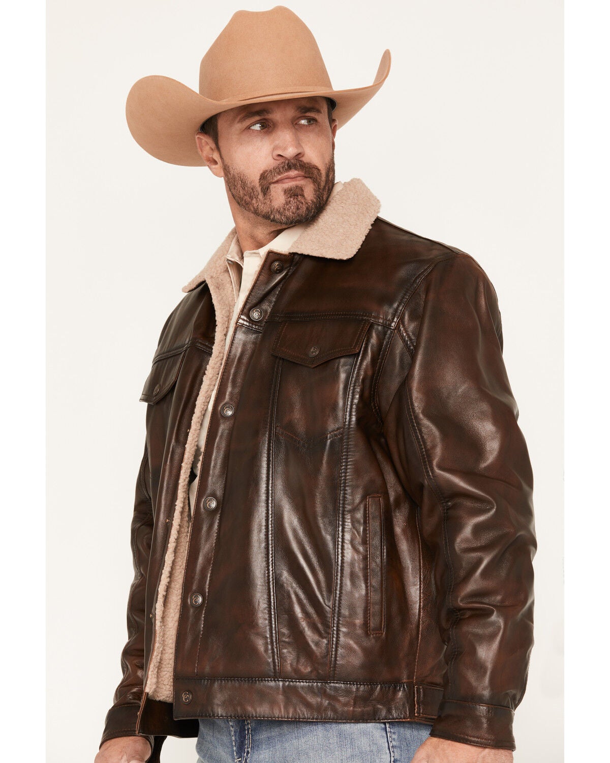 Image #2 - Cripple Creek Men's Sherpa Lined Concealed Carry Trucker Jacket, Brown, hi-res