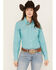 Rough Stock by Panhandle Women's Dobby Striped Long Sleeve Pearl Snap Western Shirt, Turquoise, hi-res