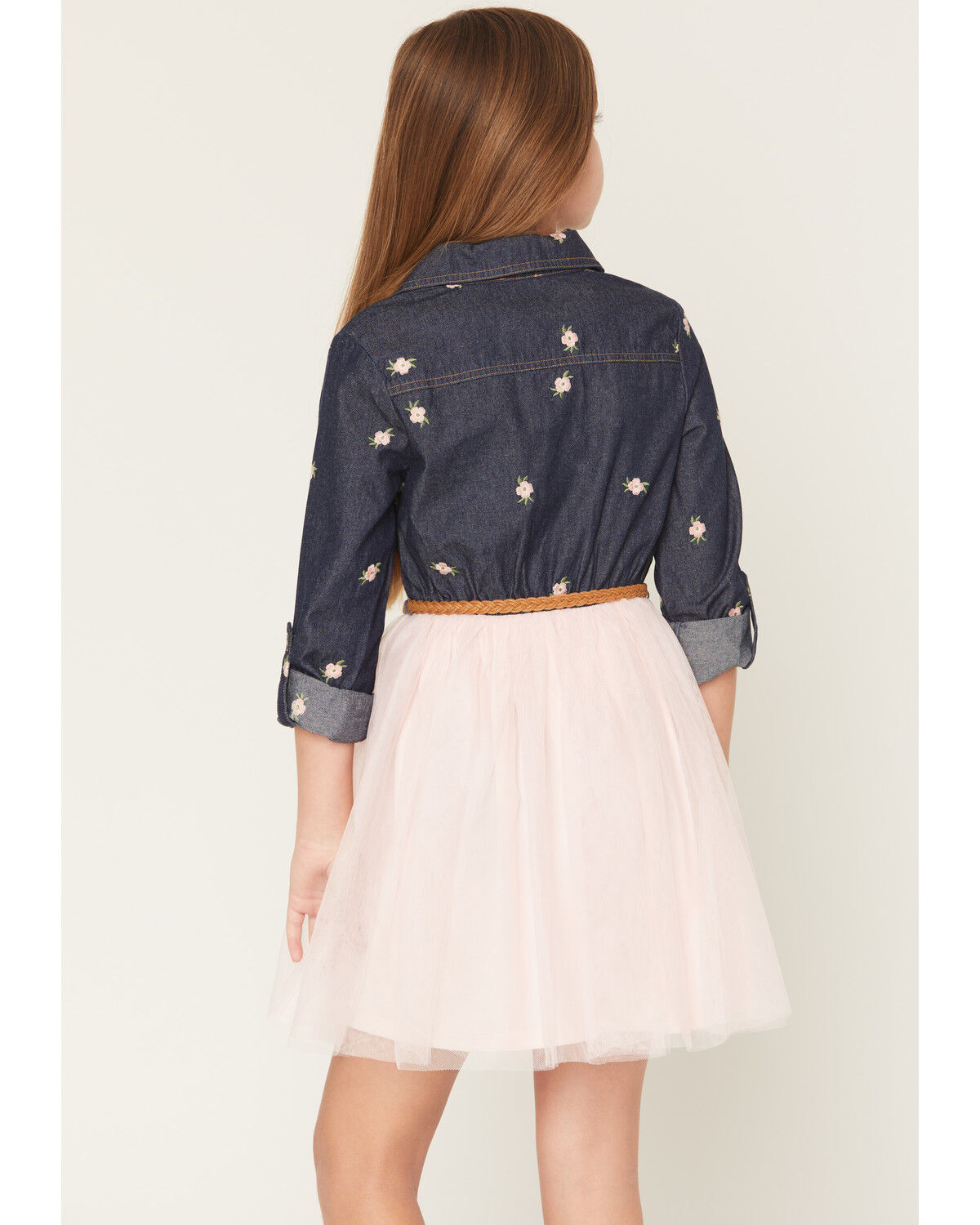 Image #4 - Sugar California Girls' Floral Embroidered Long Sleeve Button-Down Denim Tutu Dress, Multi, hi-res