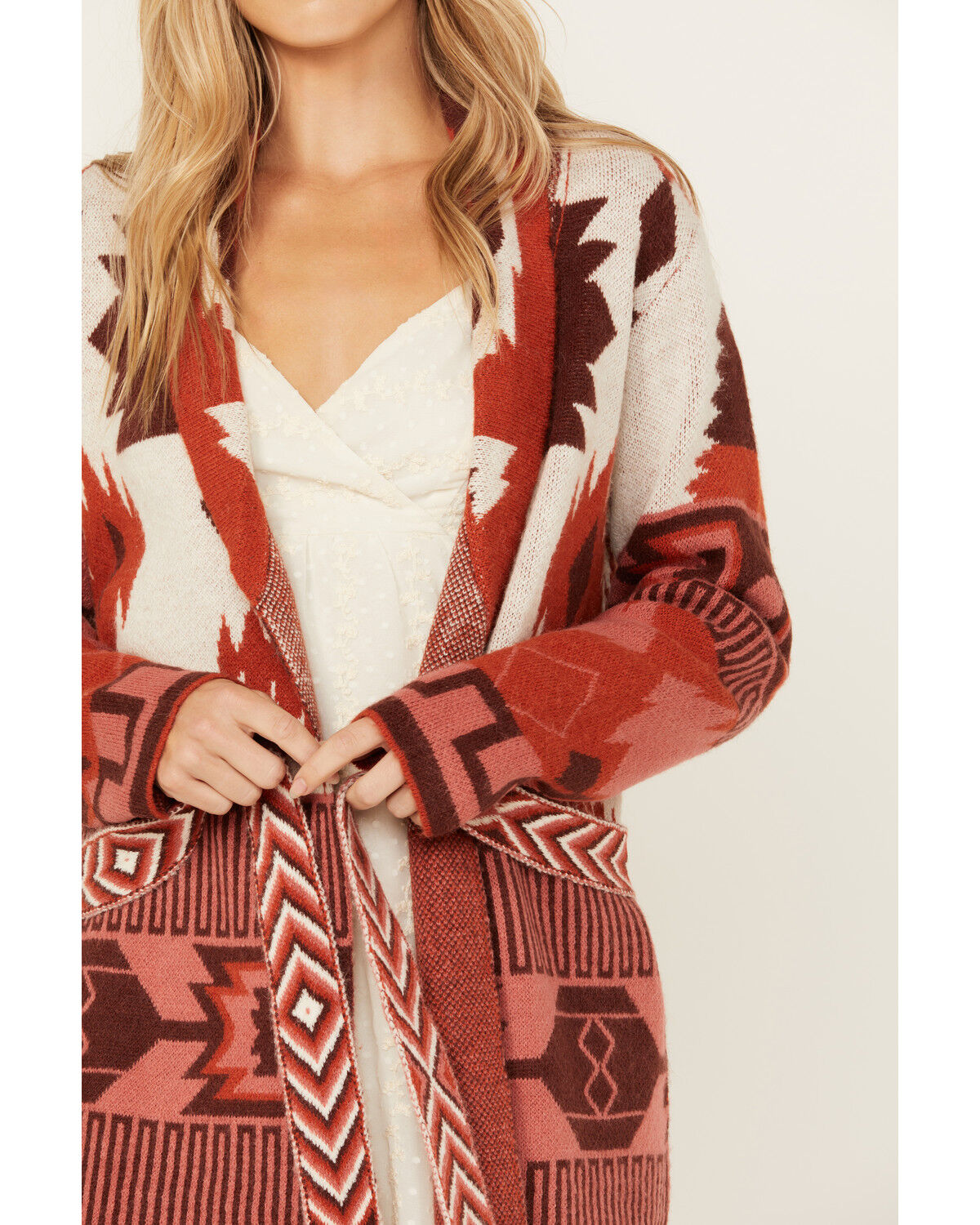 Image #3 - Shyanne Women's Long Southwestern Print Belted Sweater, Mauve, hi-res