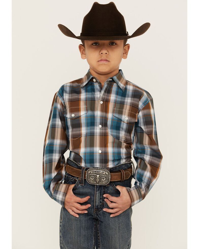 Roper Boys' Country Teal Plaid Long Sleeve Snap Western Shirt, Brown, hi-res