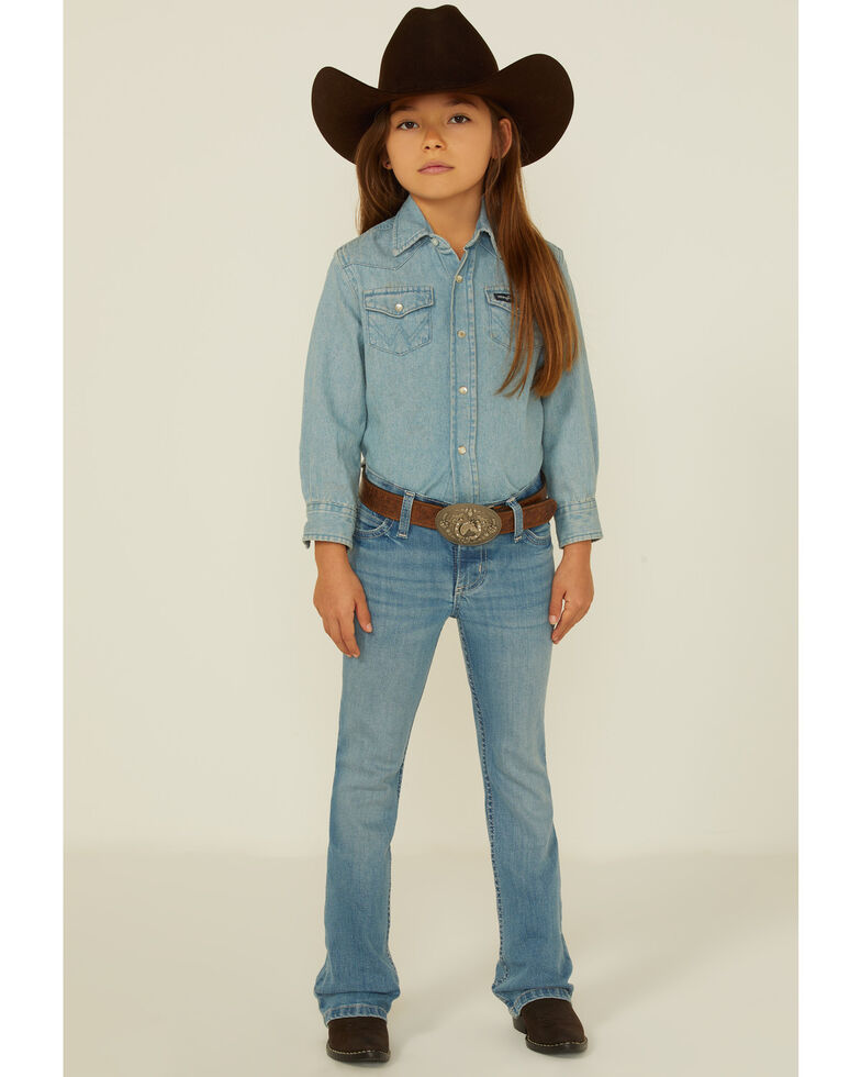 Wrangler Girls' Light Wash Mid Rise Embroidered Modern Bootcut Jeans, Light Blue, hi-res