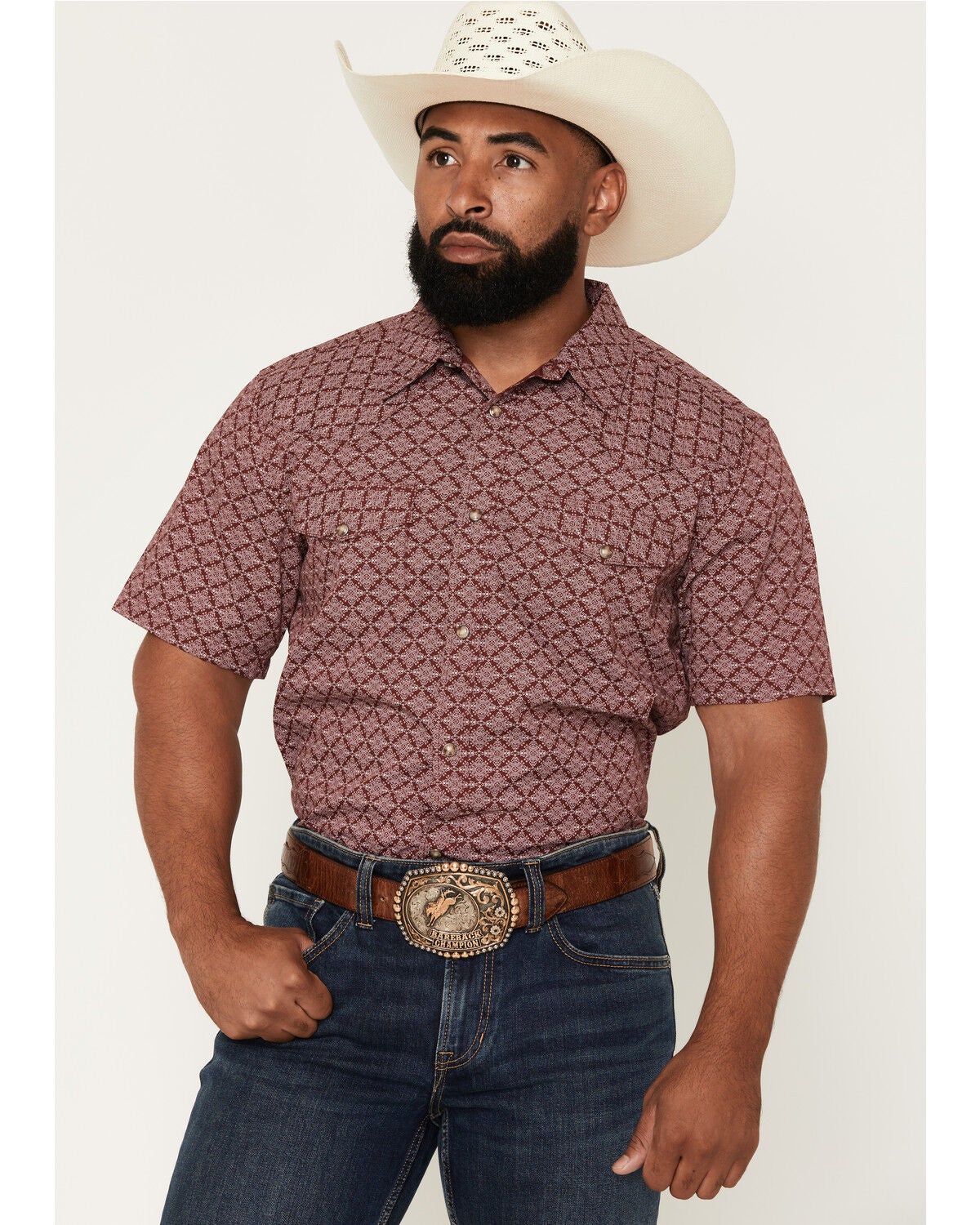 Gibson Trading Co Men's Gypsy Den Medallion Print Short Sleeve Snap Western Shirt - Big, Burgundy, hi-res