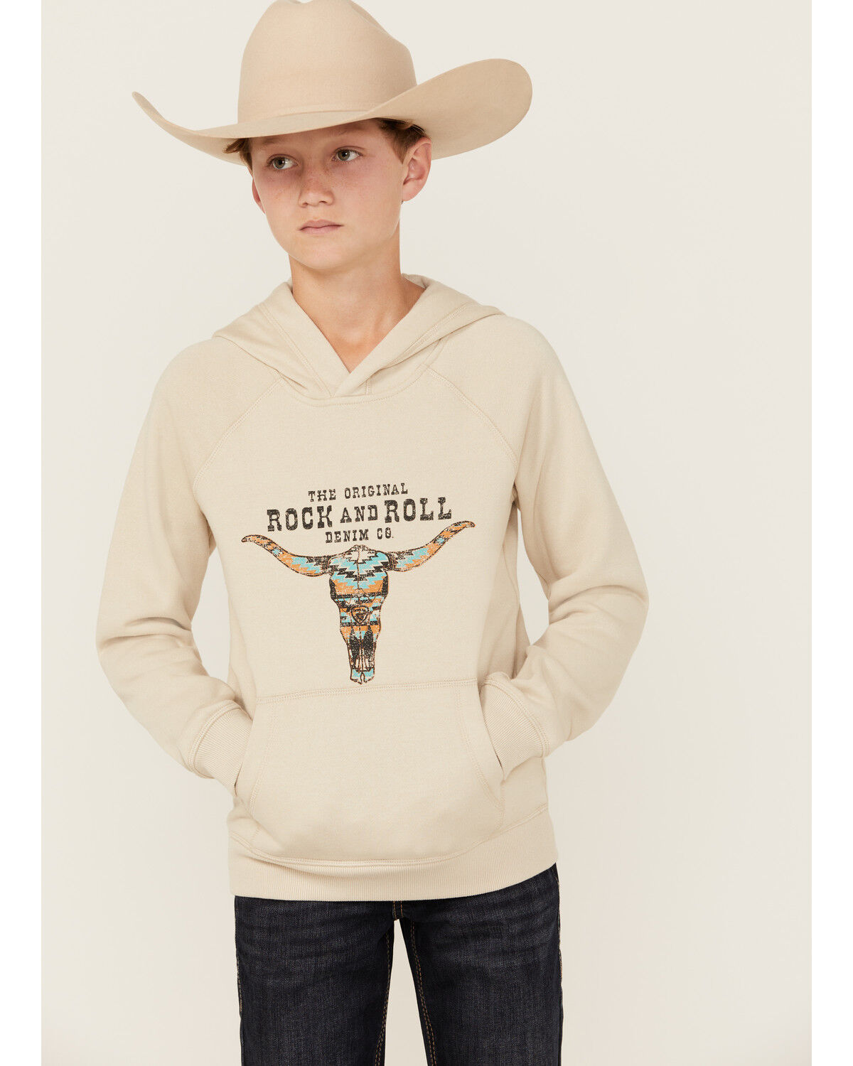 Image #1 - Rock & Roll Denim Boys' Steer Head Hooded Sweatshirt, Cream, hi-res