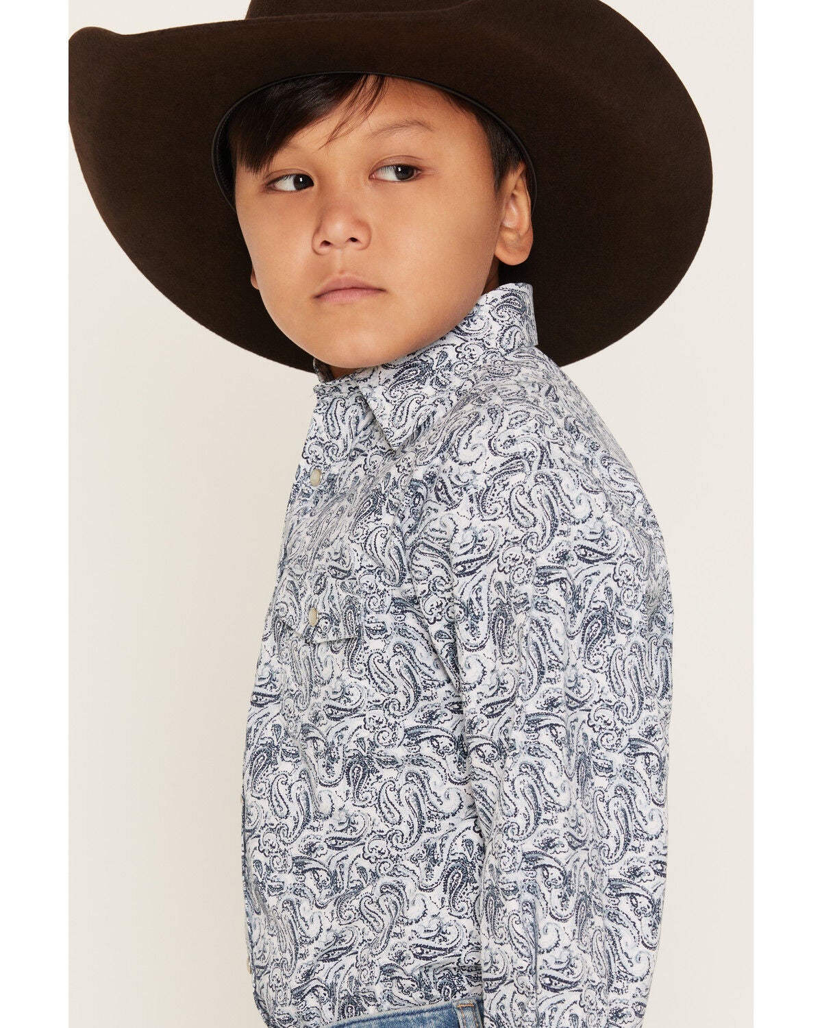 Image #2 - Panhandle Slim Boys' Paisley Print Long Sleeve Pearl Snap Stretch Western Shirt, Blue, hi-res