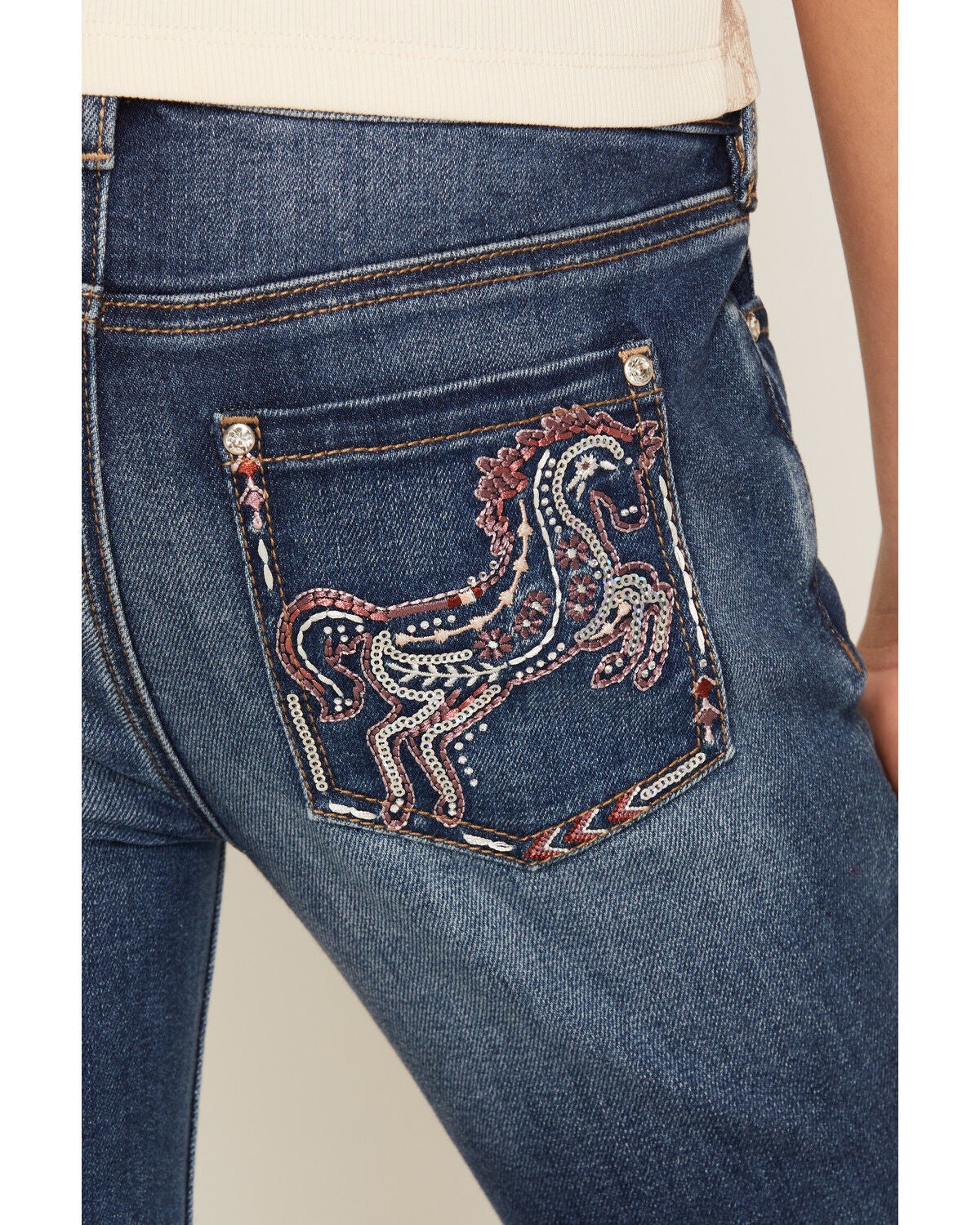 Image #2 - Shyanne Girls' Westend Medium Wash Horse Pocket Bootcut Stretch Denim Jeans, Medium Wash, hi-res