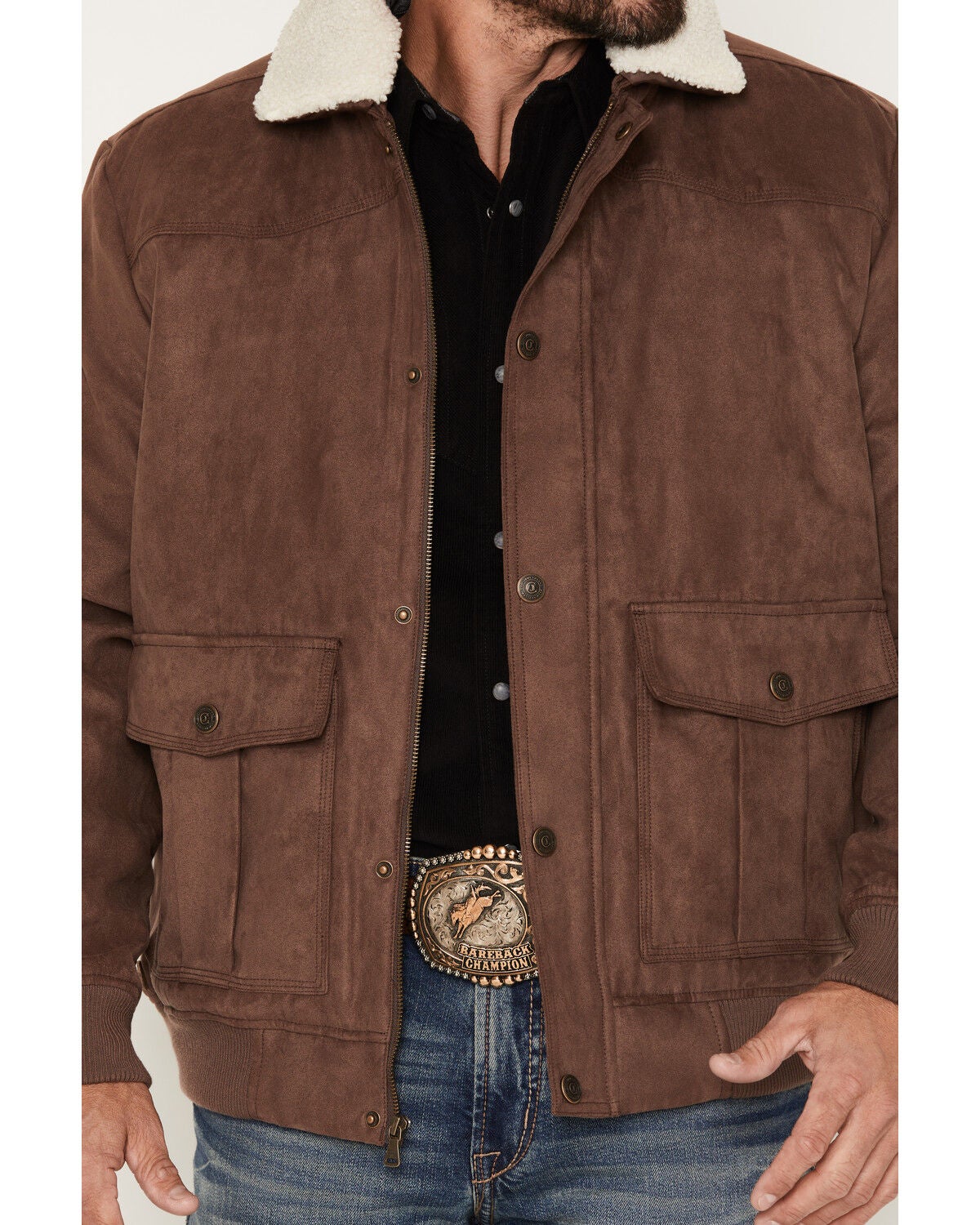 Image #3 - Cody James Men's Edward Faux Suede Snap Sherpa Bomber Jacket, Dark Brown, hi-res
