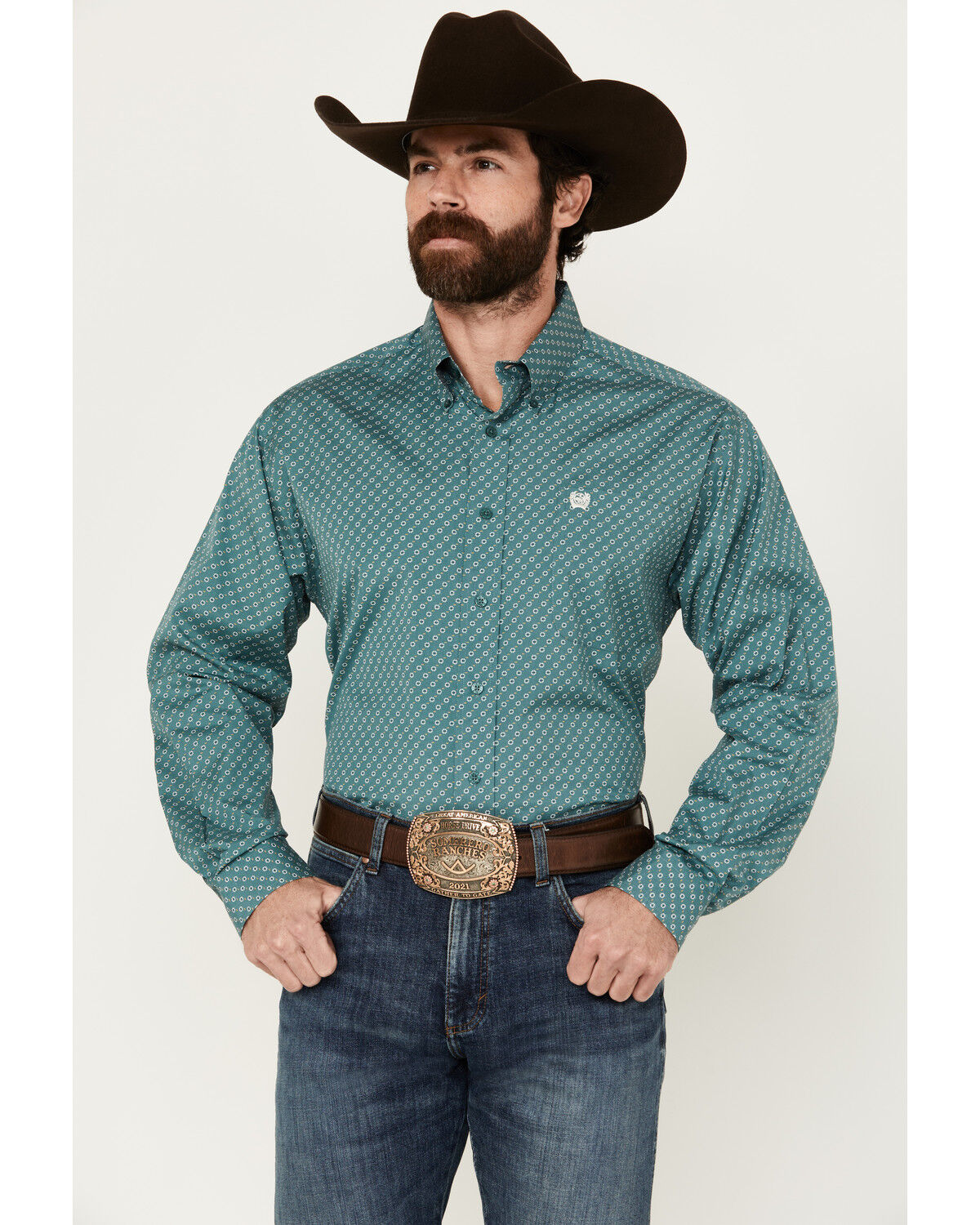 Image #1 - Cinch Men's Geo Print Long Sleeve Button-Down Western Shirt, Teal, hi-res