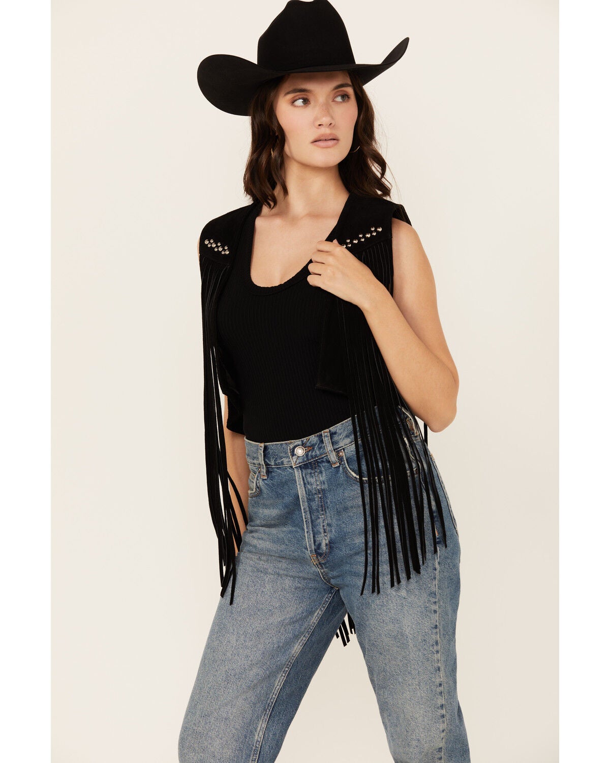 West And Co Women's Cya Later Horseshoe Studded Fringe Vest, Black, hi-res
