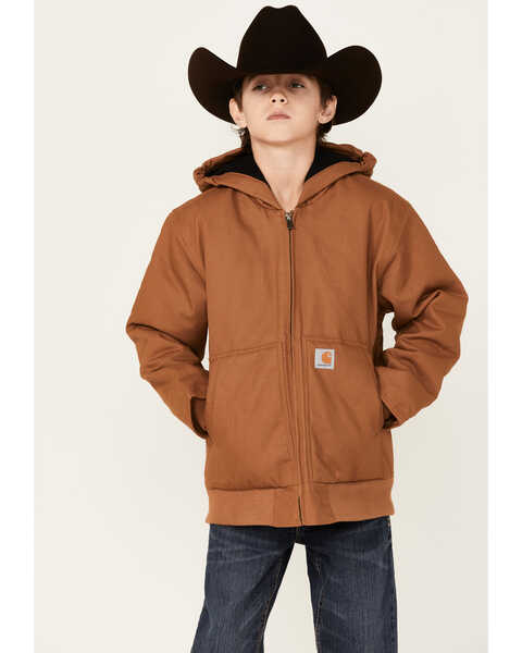 Image #1 - Carhartt Boys' Active Flannel Quilt Lined Hooded Jacket , Brown, hi-res
