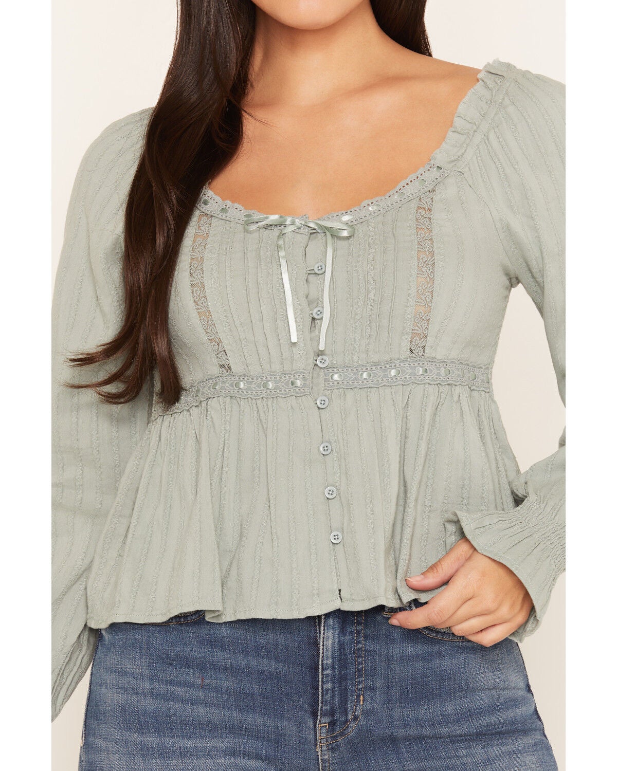 Image #3 - Wonderwest Women's Long Sleeve Lace Trim Button-Front Top, Blue, hi-res