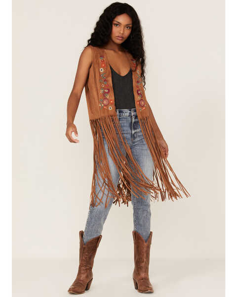 Image #1 - Fornia Women's Faux Suede Embroidered Fringe Vest, , hi-res