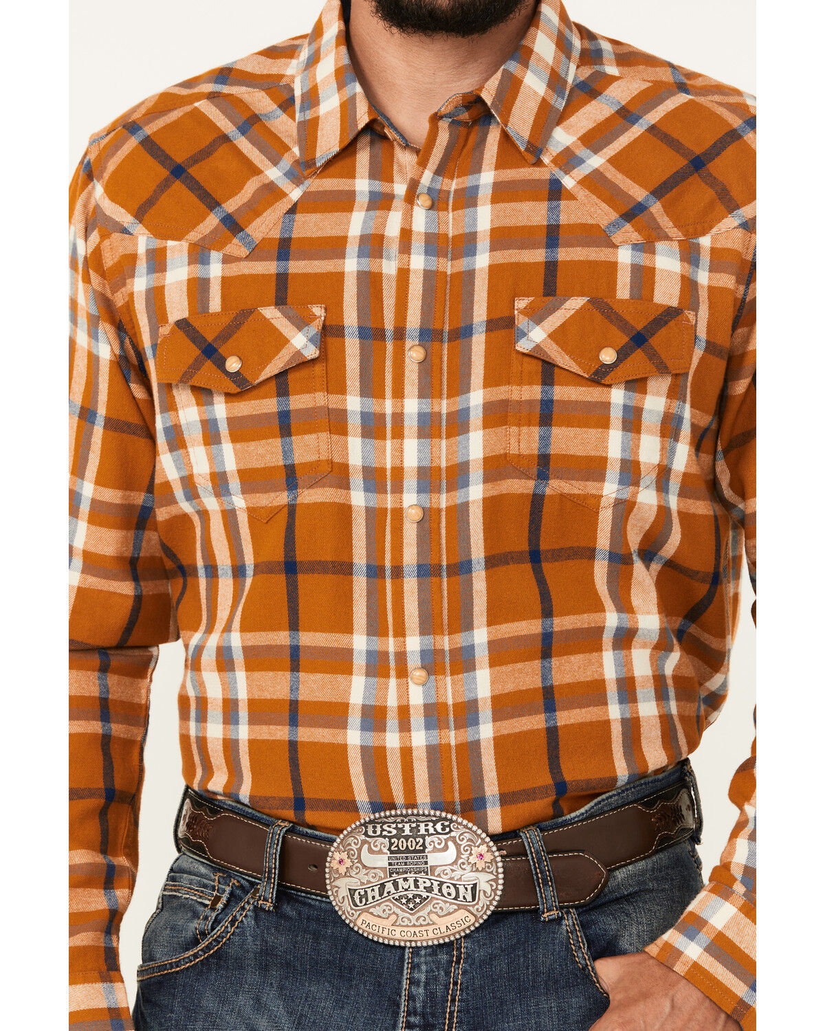Image #3 - Cody James Men's Tidal Wave Plaid Print Long Sleeve Snap Western Flannel, Caramel, hi-res