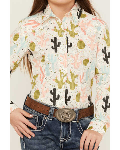 Image #3 - Cruel Girl Girls' Western Cactus Print Long Sleeve Button Down Western Shirt, White, hi-res
