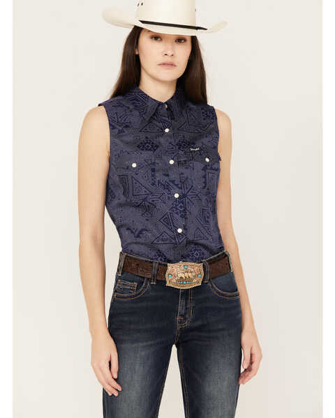 Image #1 - Wrangler Women's Sleeveless Southwestern Snap Western Shirt, Blue, hi-res