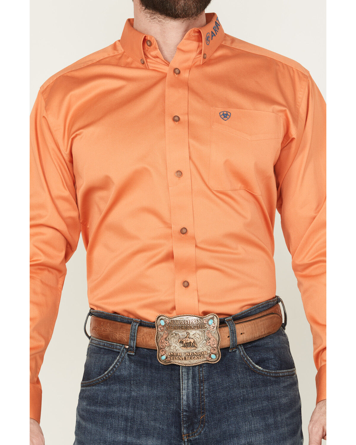 Image #3 - Ariat Men's Team Logo Twill Solid Long Sleeve Button-Down Western Shirt, Orange, hi-res