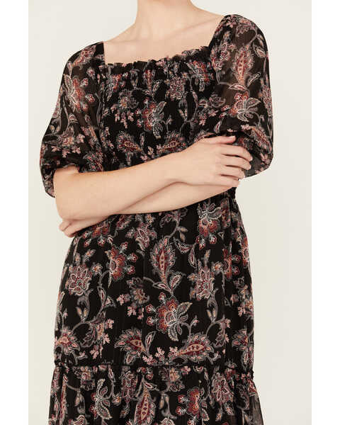 Image #3 - Wild Moss Women's Floral Pais Short Sleeve Smocked Midi Dress, Black, hi-res