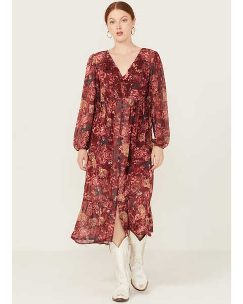 Image #1 - Beyond The Radar Women's Floral Print Crochet Trim Dress, Multi, hi-res