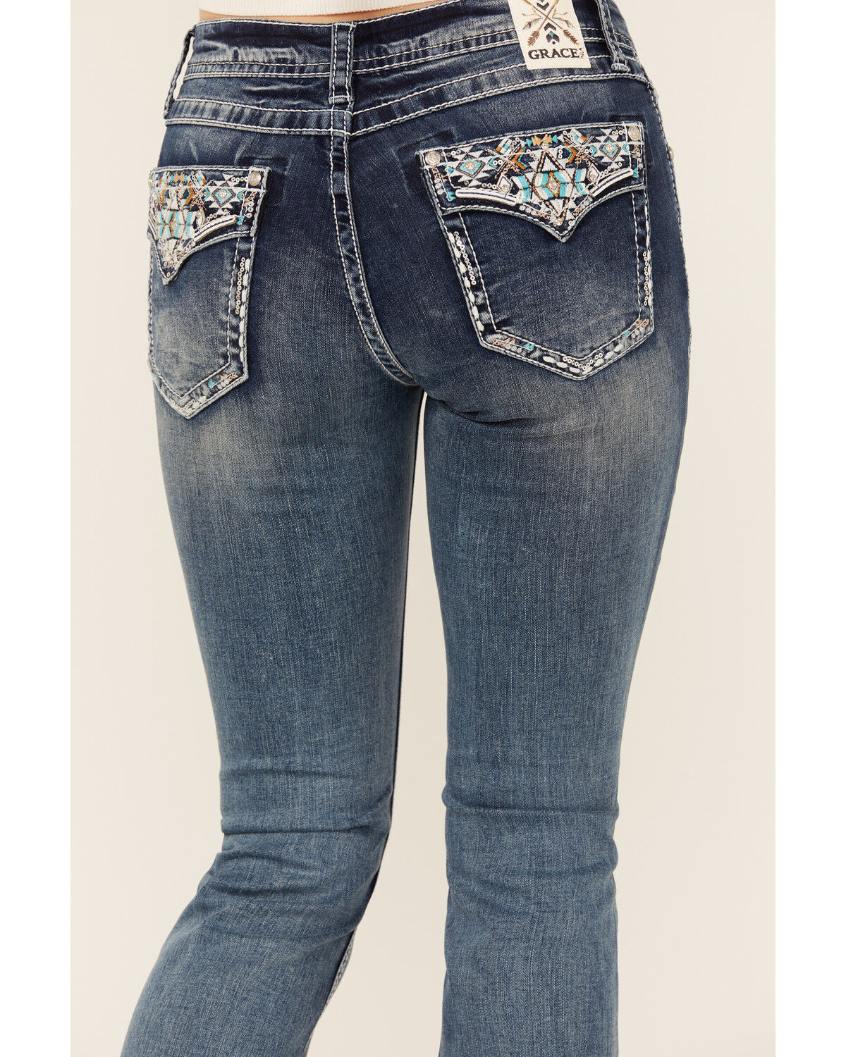 Image #2 - Grace In LA Women's Medium Wash Faux Flap Pocket Mid Rise Bootcut Stretch Denim Jeans, Medium Wash, hi-res