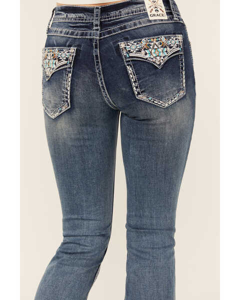 Image #2 - Grace In LA Women's Medium Wash Faux Flap Pocket Mid Rise Bootcut Stretch Denim Jeans , Medium Wash, hi-res