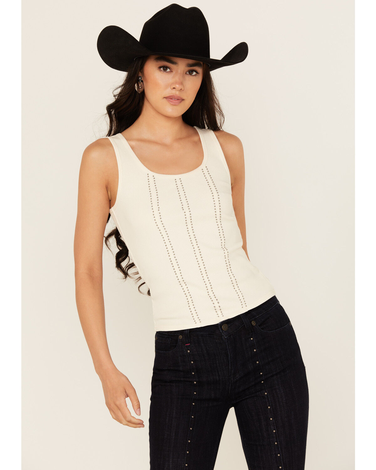 Image #1 - Idyllwind Women's Sevier Studded Ribbed Tank Top, Ivory, hi-res