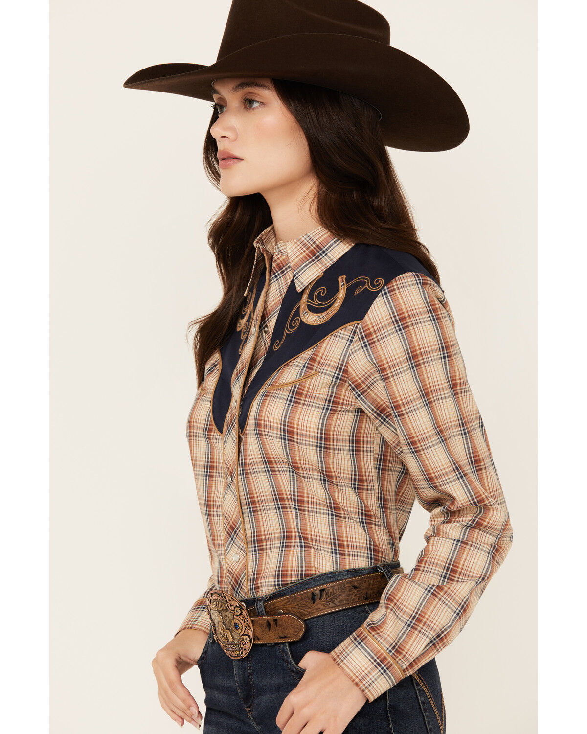 Image #2 - Roper Women's Embroidered Yoke Plaid Print Long Sleeve Snap Western Shirt, Brown, hi-res