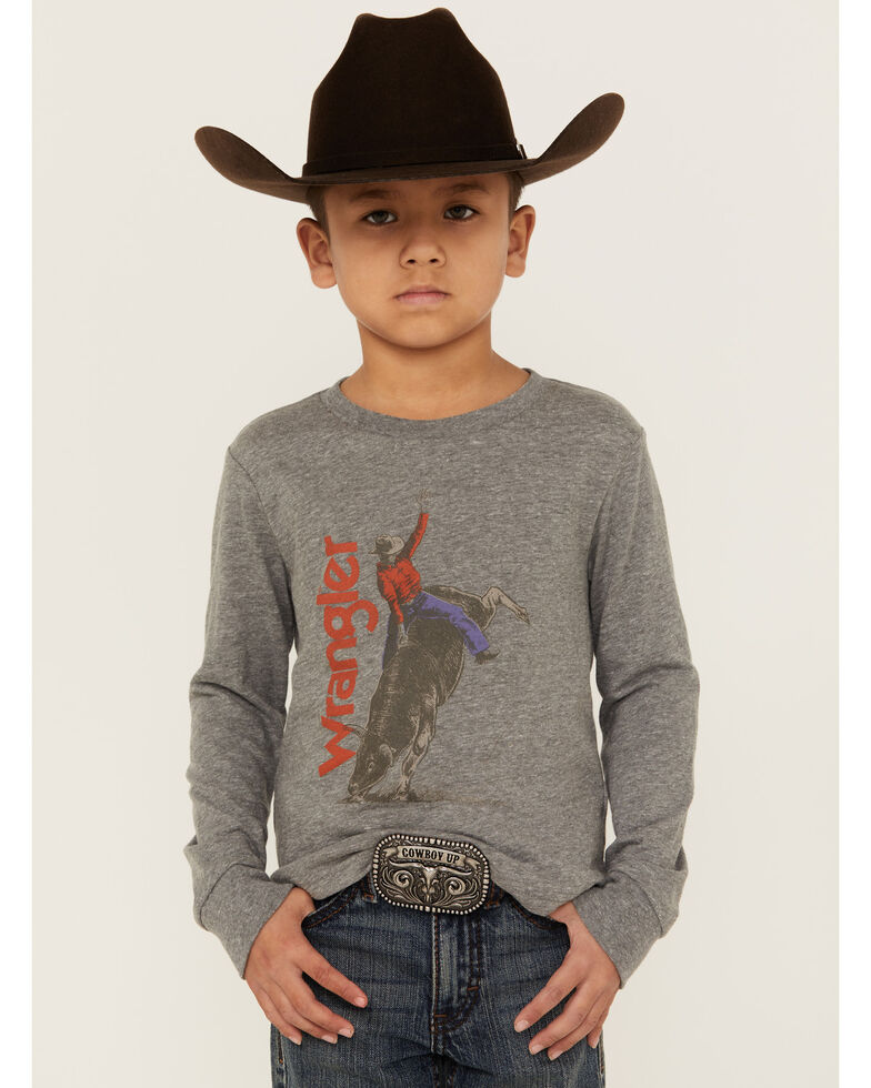 Wrangler Boys' Heather Grey Bucking Logo Graphic Long Sleeve T-Shirt , Grey, hi-res