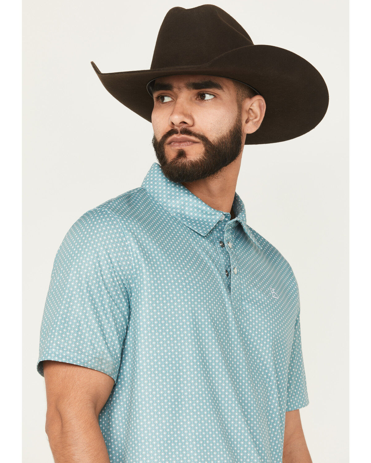 Image #2 - Panhandle Slim Men's Geo Print Short Sleeve Snap Performance Polo Shirt, Turquoise, hi-res
