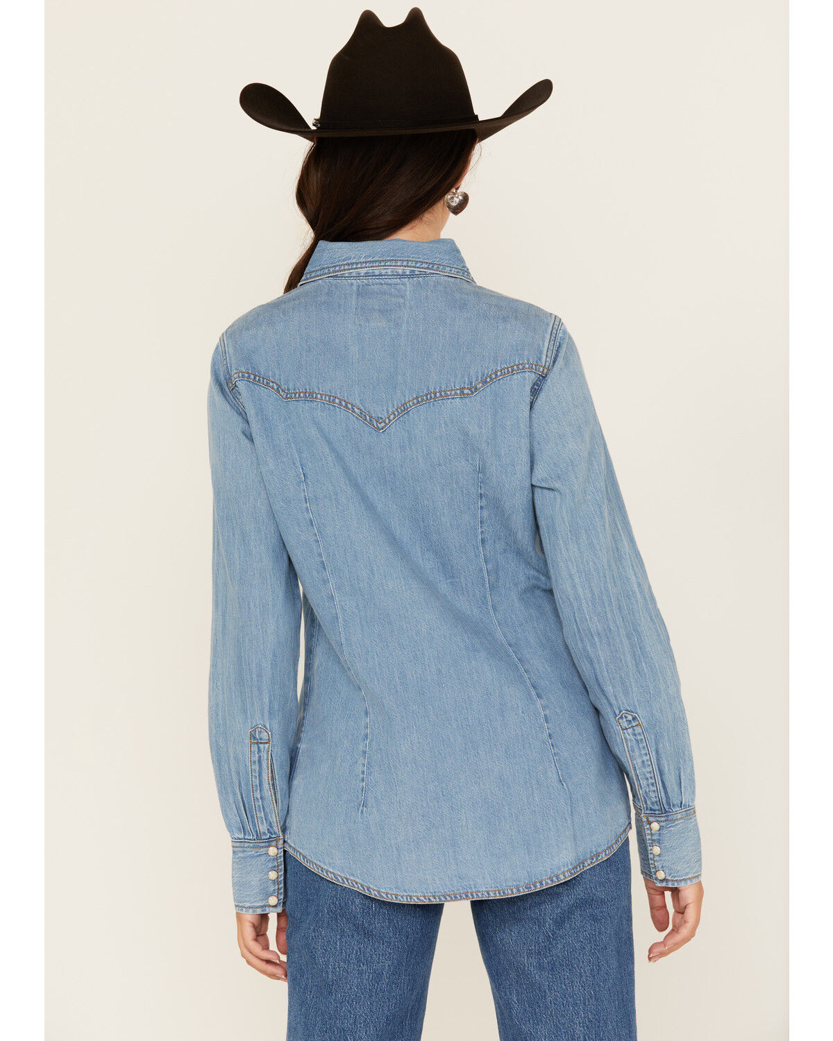 Image #5 - Wrangler x Lainey Wilson Women's Medium Wash Long Sleeve Snap Denim Western Shirt, Blue, hi-res